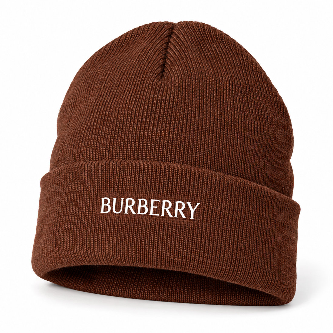 Burberry beanie in Brown, front angled view