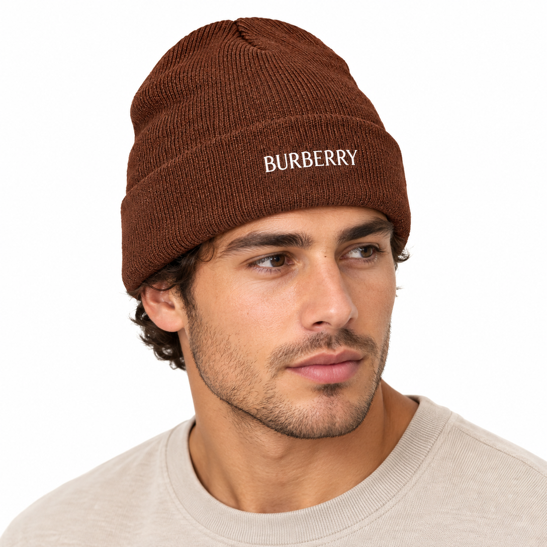 Burberry beanie in Brown, model view