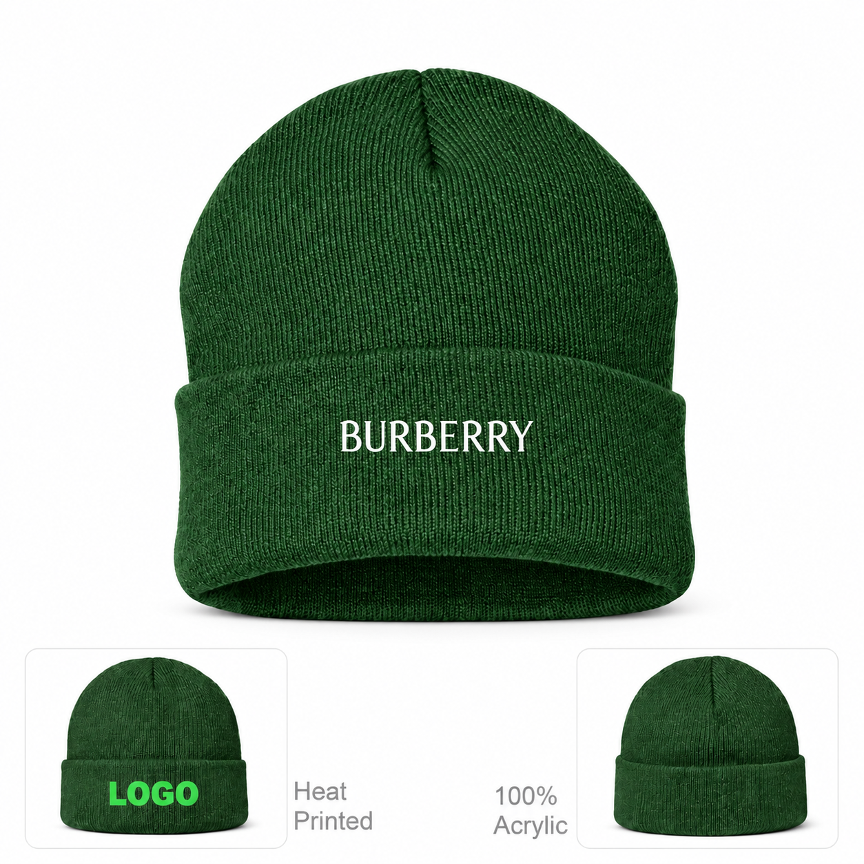 Burberry beanie in Forest Green, main front view with product information