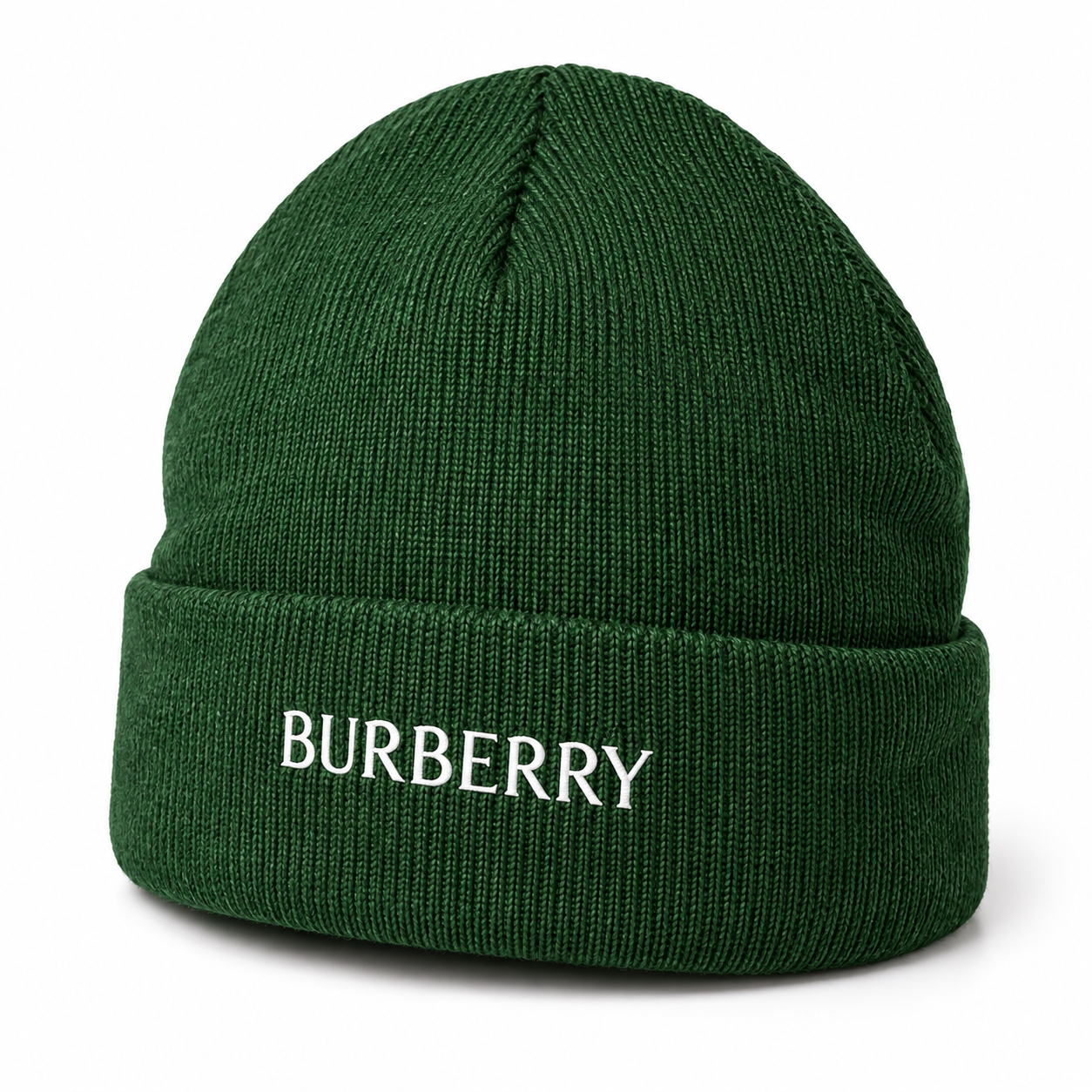 Burberry beanie in Forest Green, front angled view