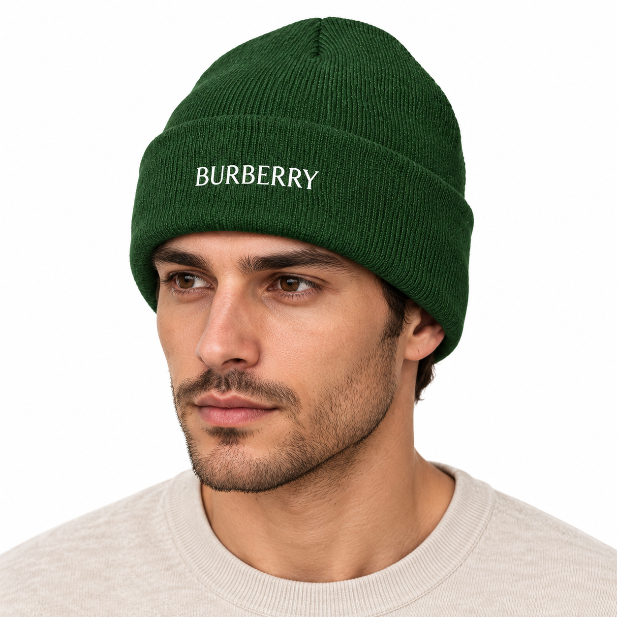 Burberry beanie in Forest Green, model view