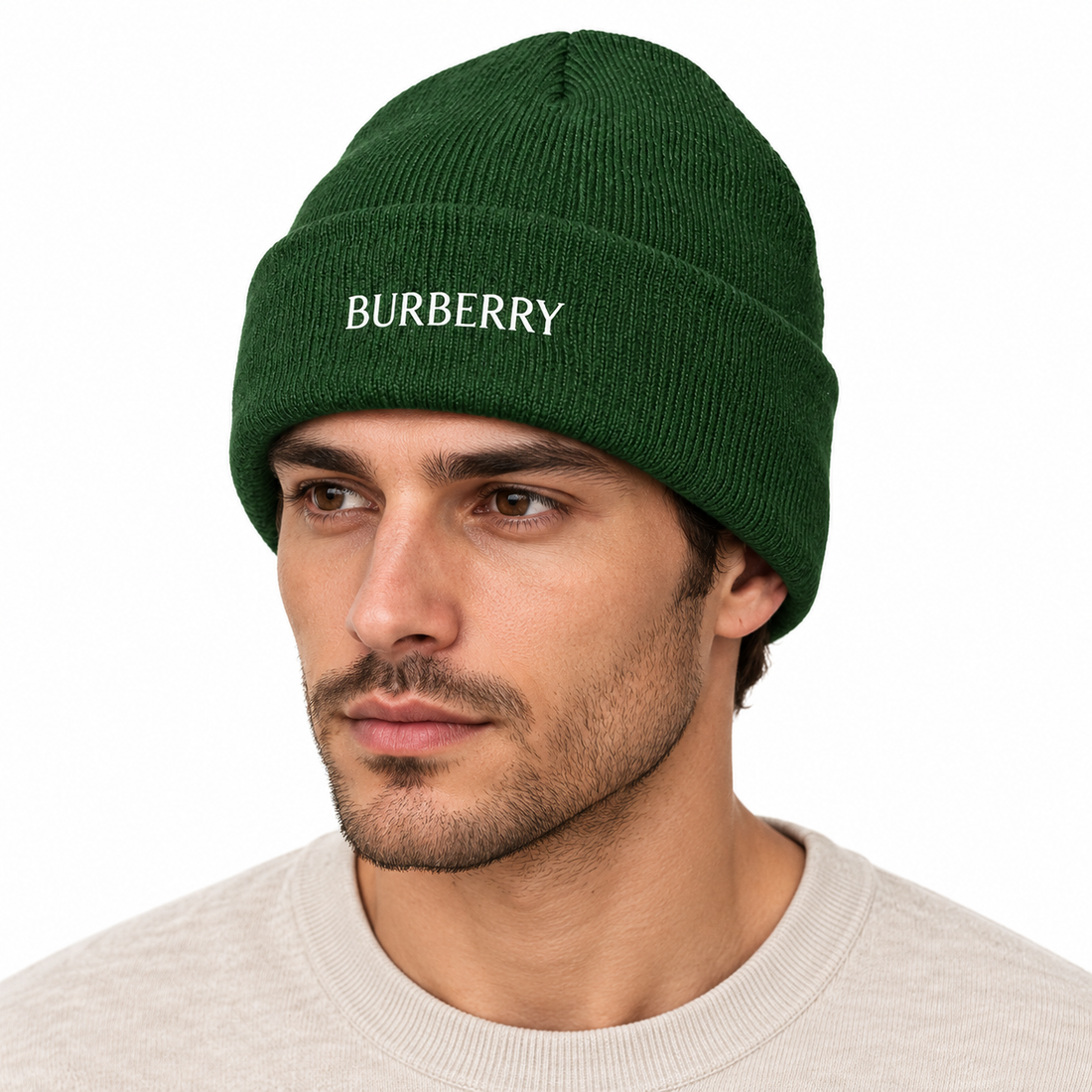 Burberry beanie in Forest Green, model view