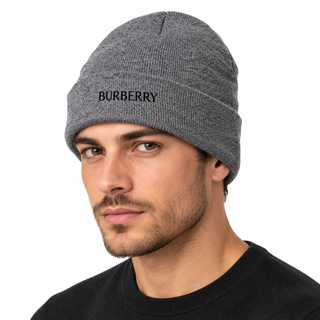 Burberry beanie in Gray, model view