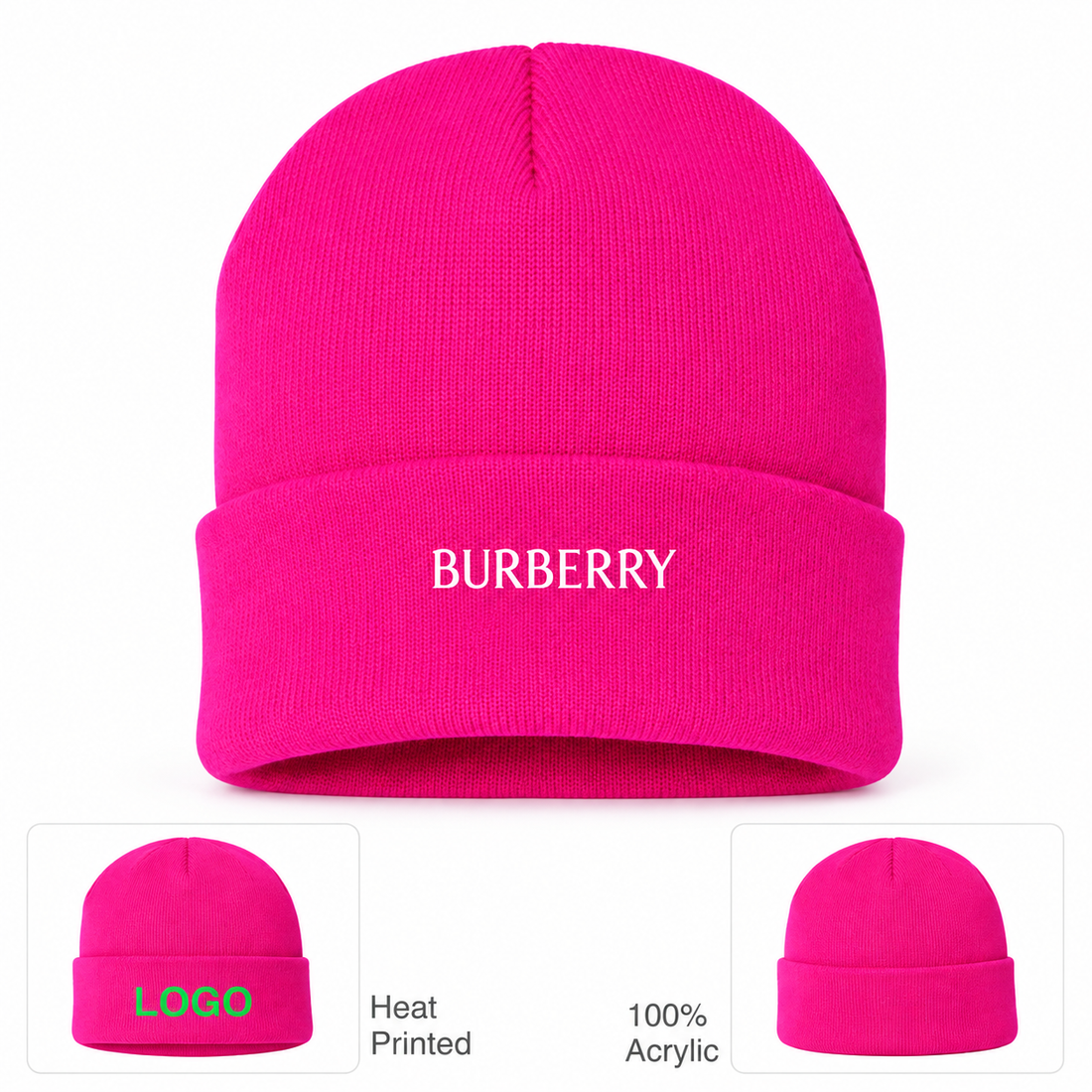 Burberry beanie in Hot Pink, main front view with product information
