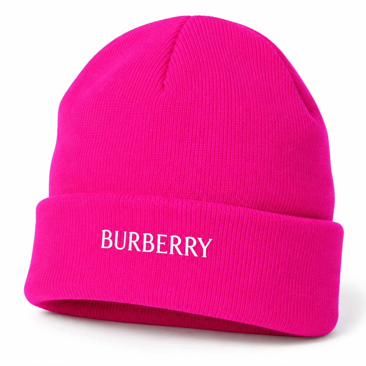 Burberry beanie in Hot Pink, front angled view