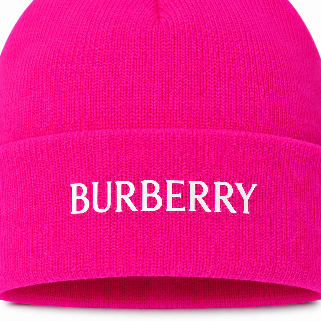 Burberry beanie in Hot Pink, print detail