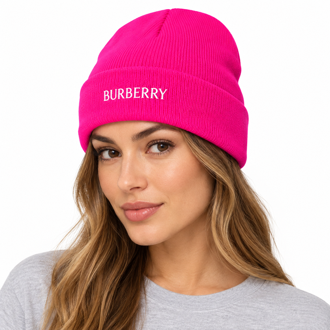 Burberry beanie in Hot Pink, model view