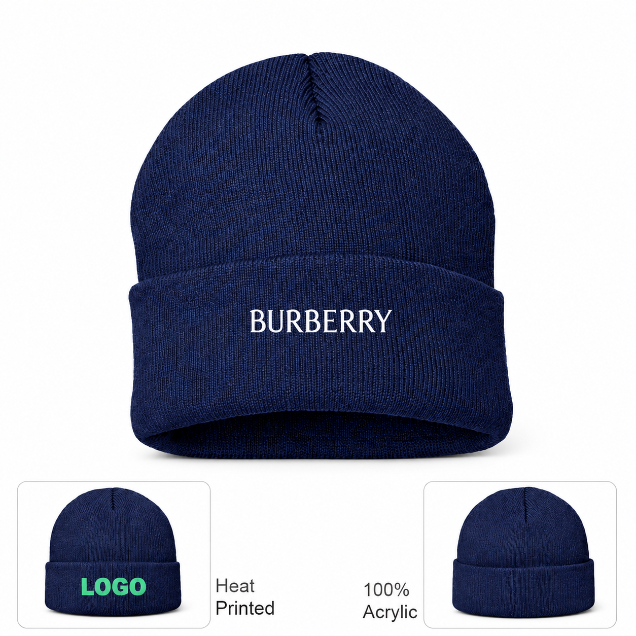 Burberry beanie in Navy, main front view with product information