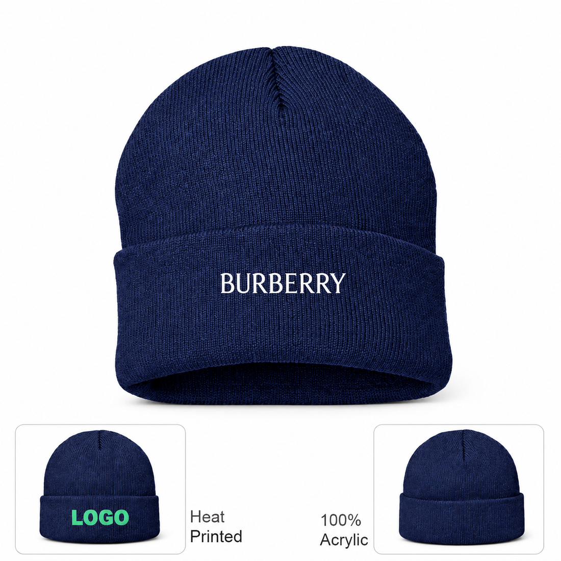 Burberry beanie in Navy, main front view with product information