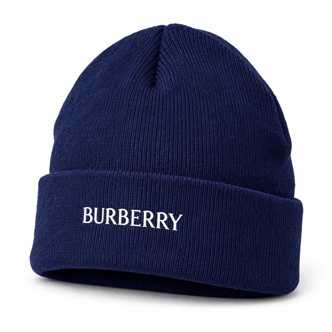 Burberry beanie in Navy, front angled view