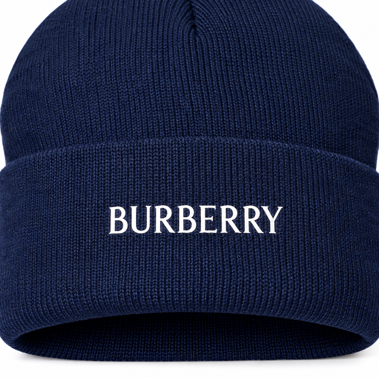 Burberry beanie in Navy, print detail