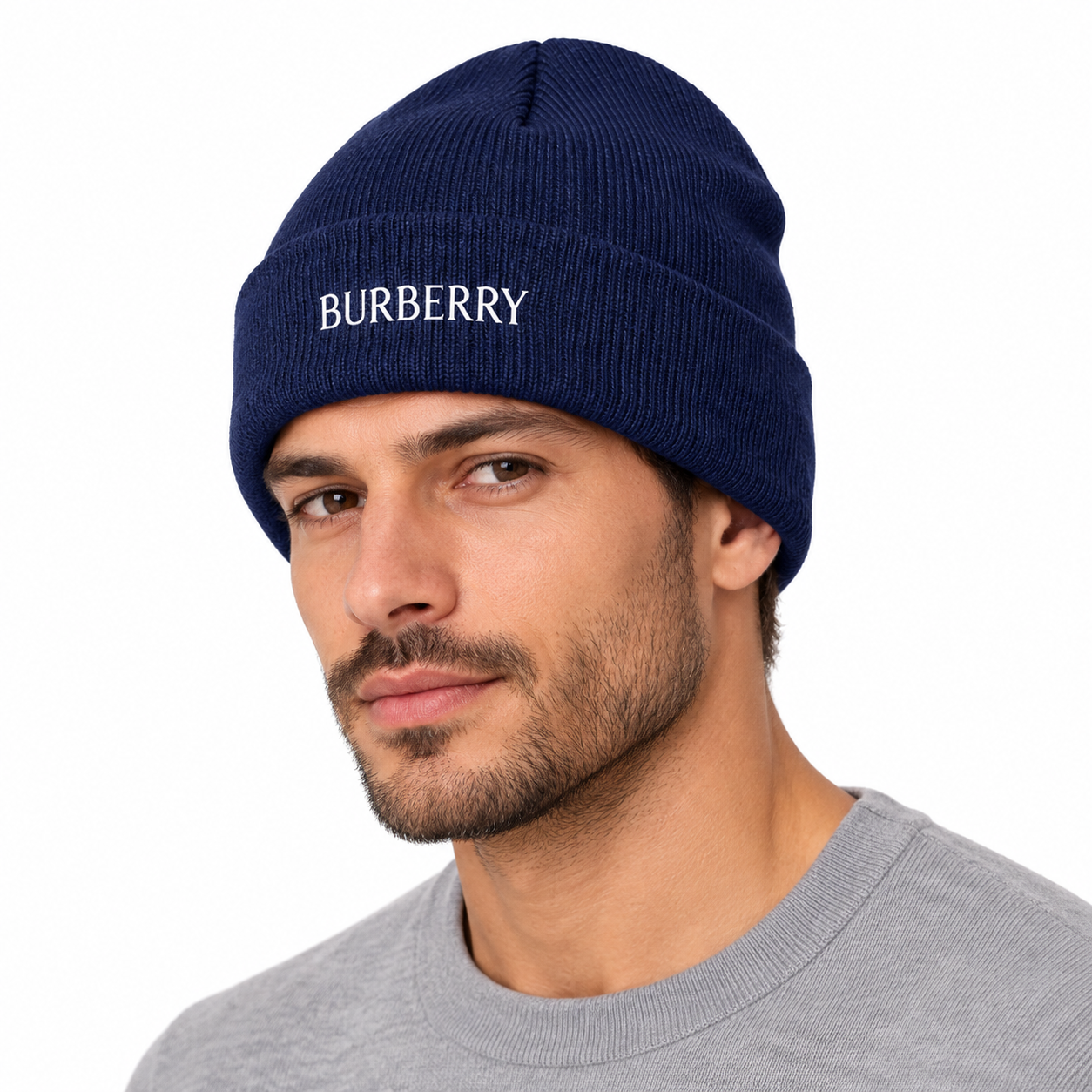 Burberry beanie in Navy, model view