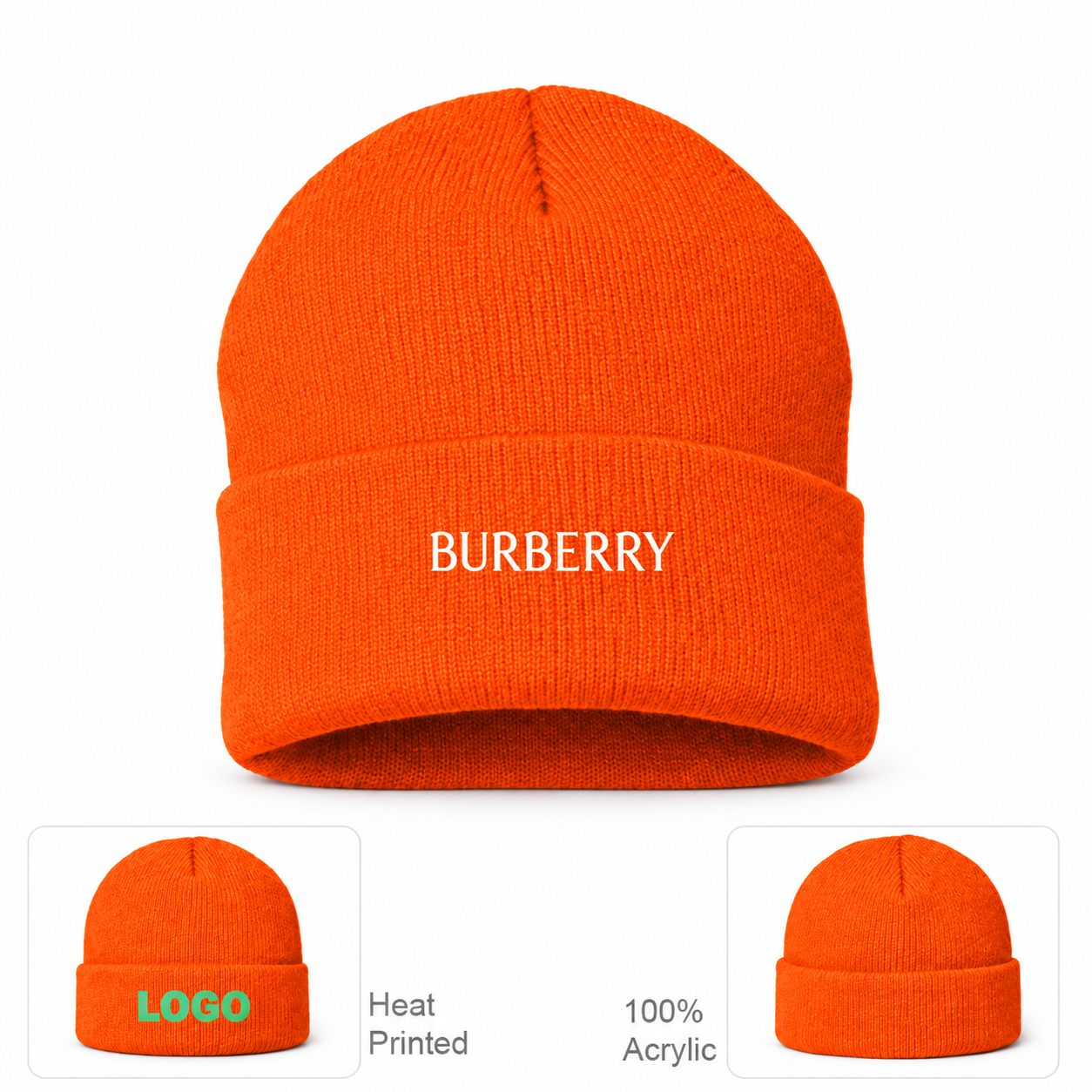 Burberry beanie in Orange, main front view with product information