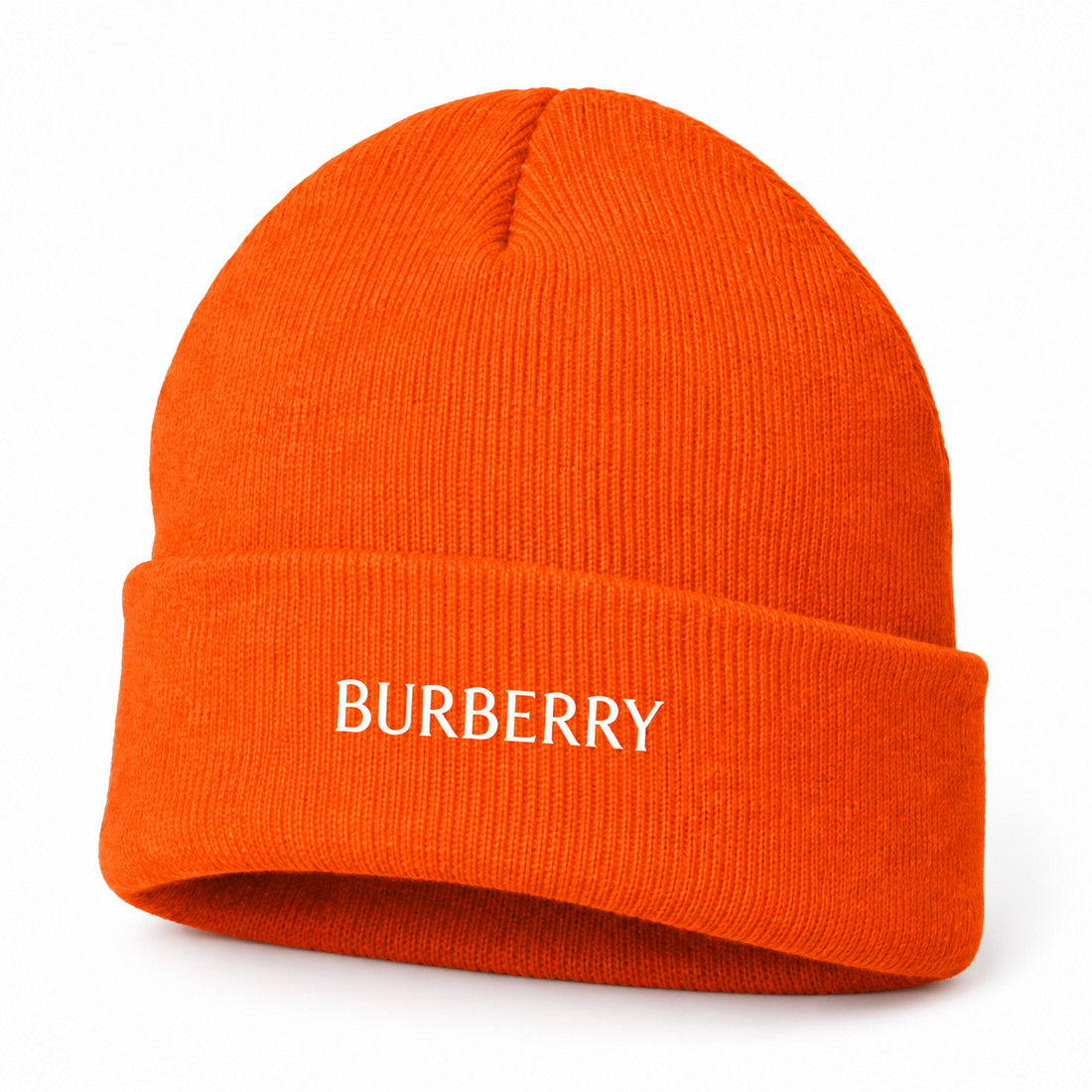 Burberry beanie in Orange, front angled view