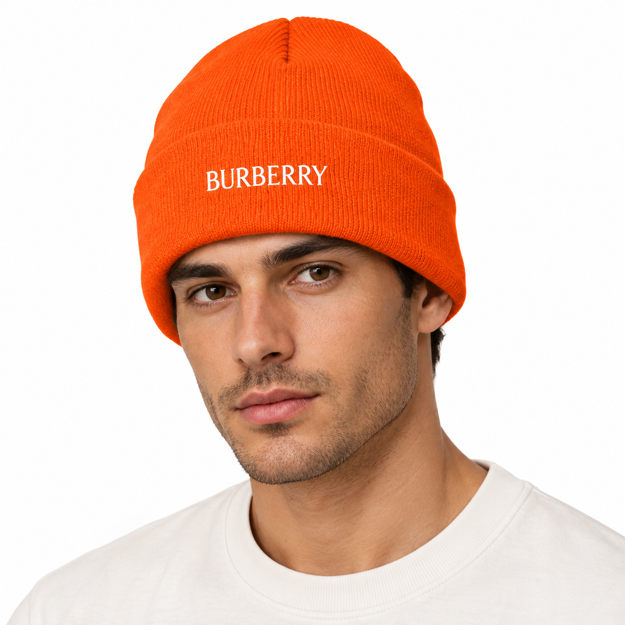 Burberry beanie in Orange, model view