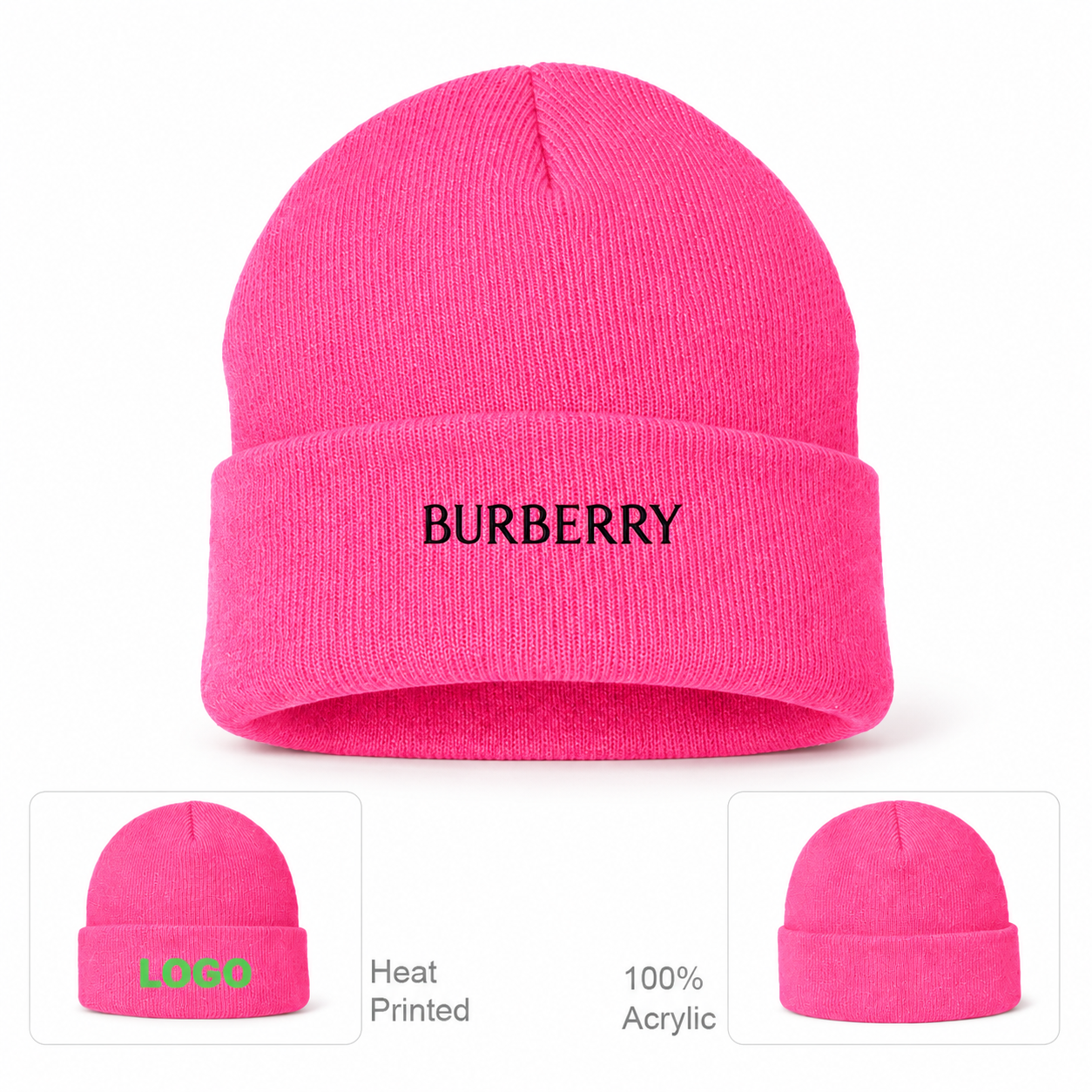 Burberry beanie in Pink, main front view with product information
