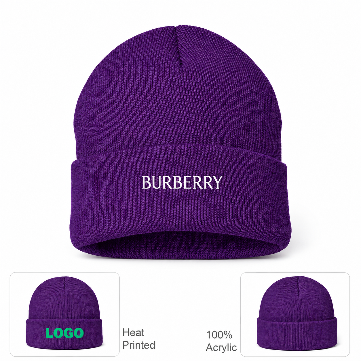 Burberry beanie in Purple, main front view with product information