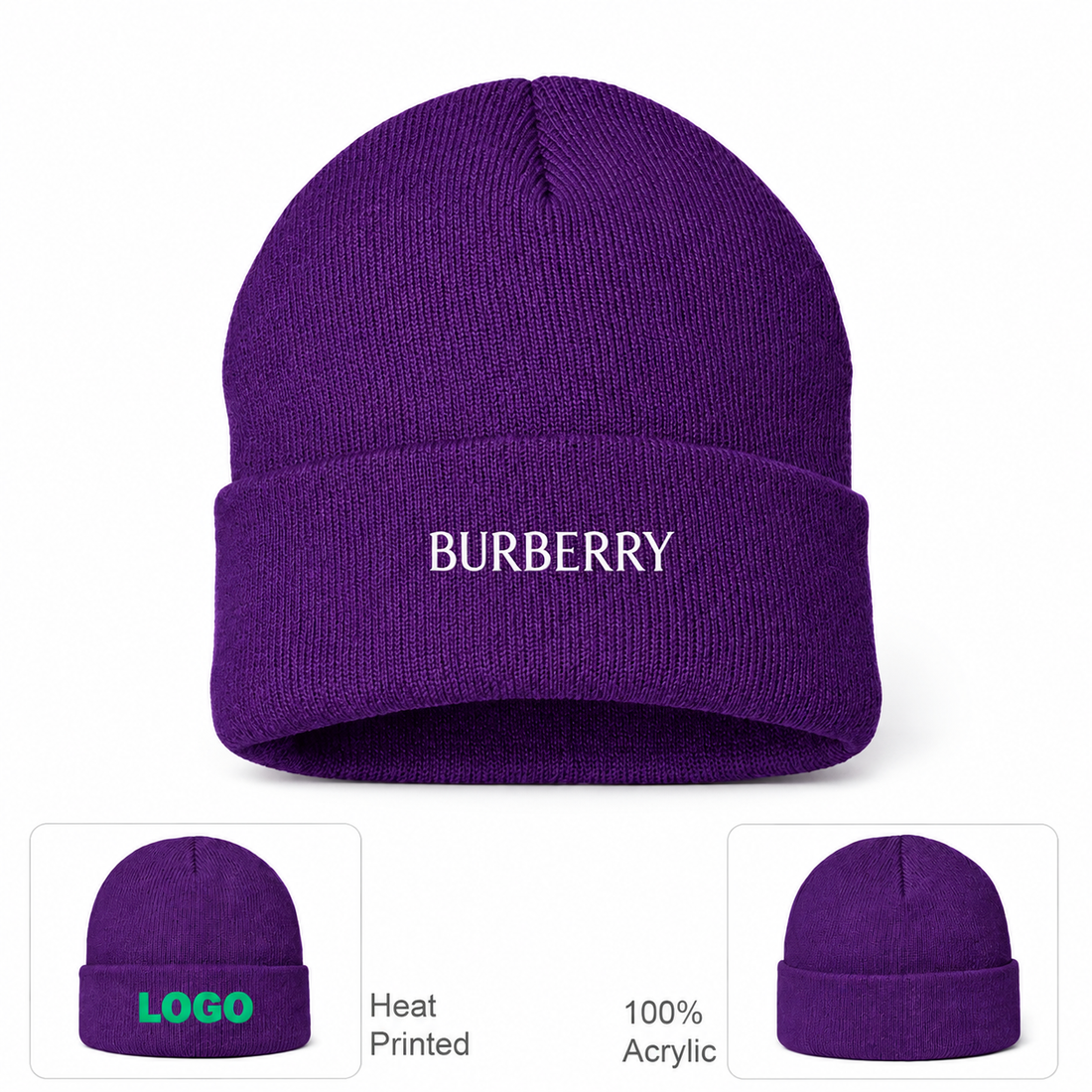 Burberry beanie in Purple, main front view with product information