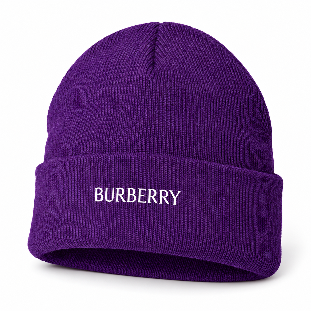 Burberry beanie in Purple, front angled view