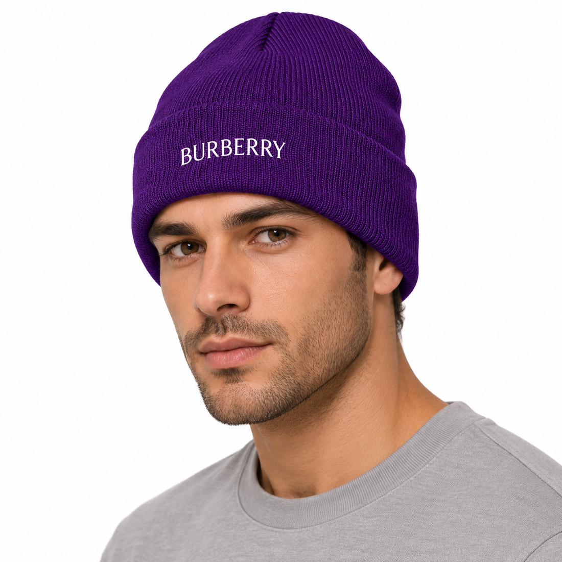 Burberry beanie in Purple, model view