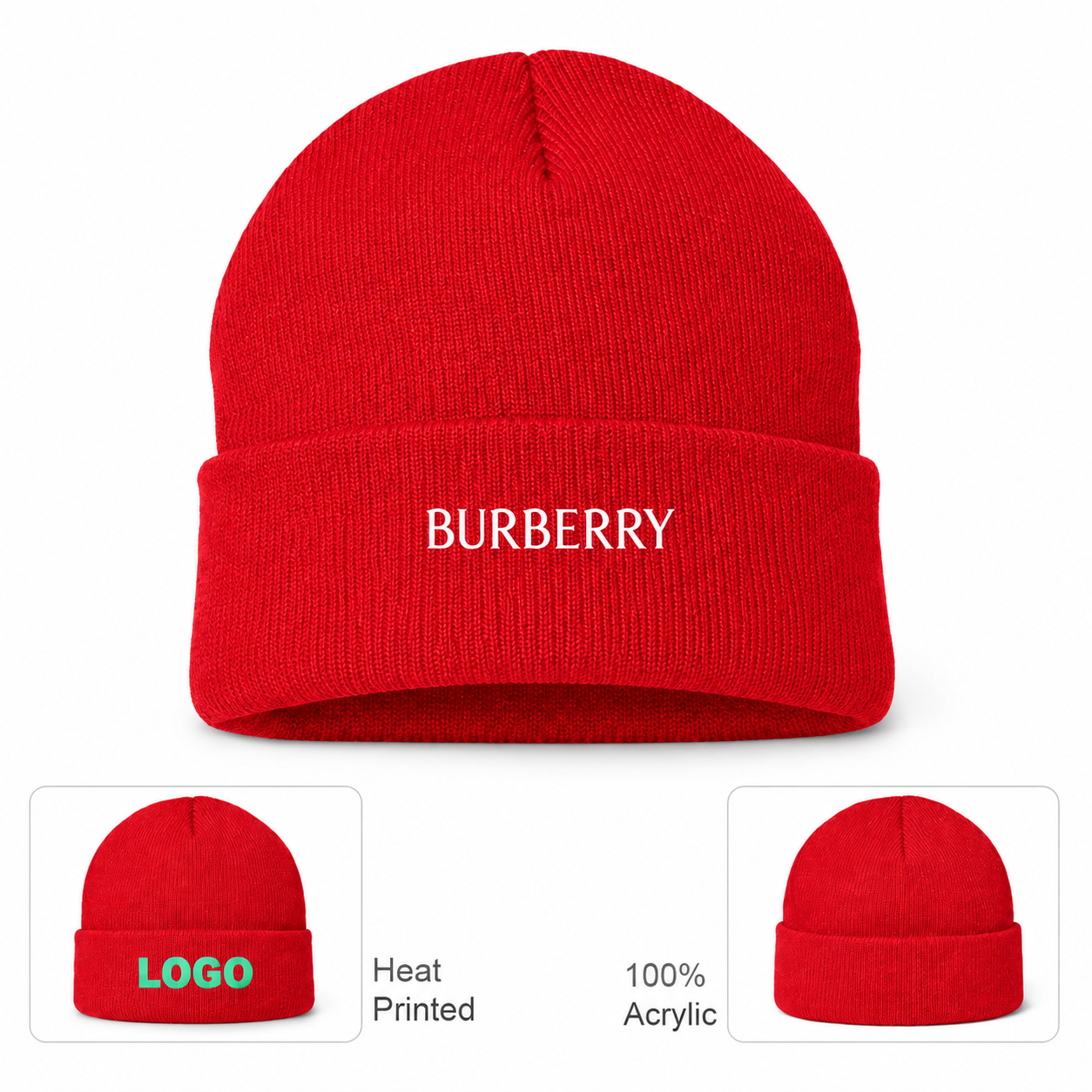 Burberry beanie in Red, main front view with product information