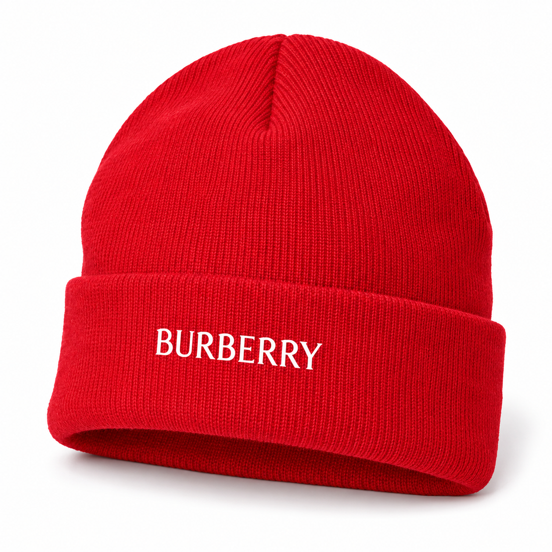 Burberry beanie in Red, front angled view