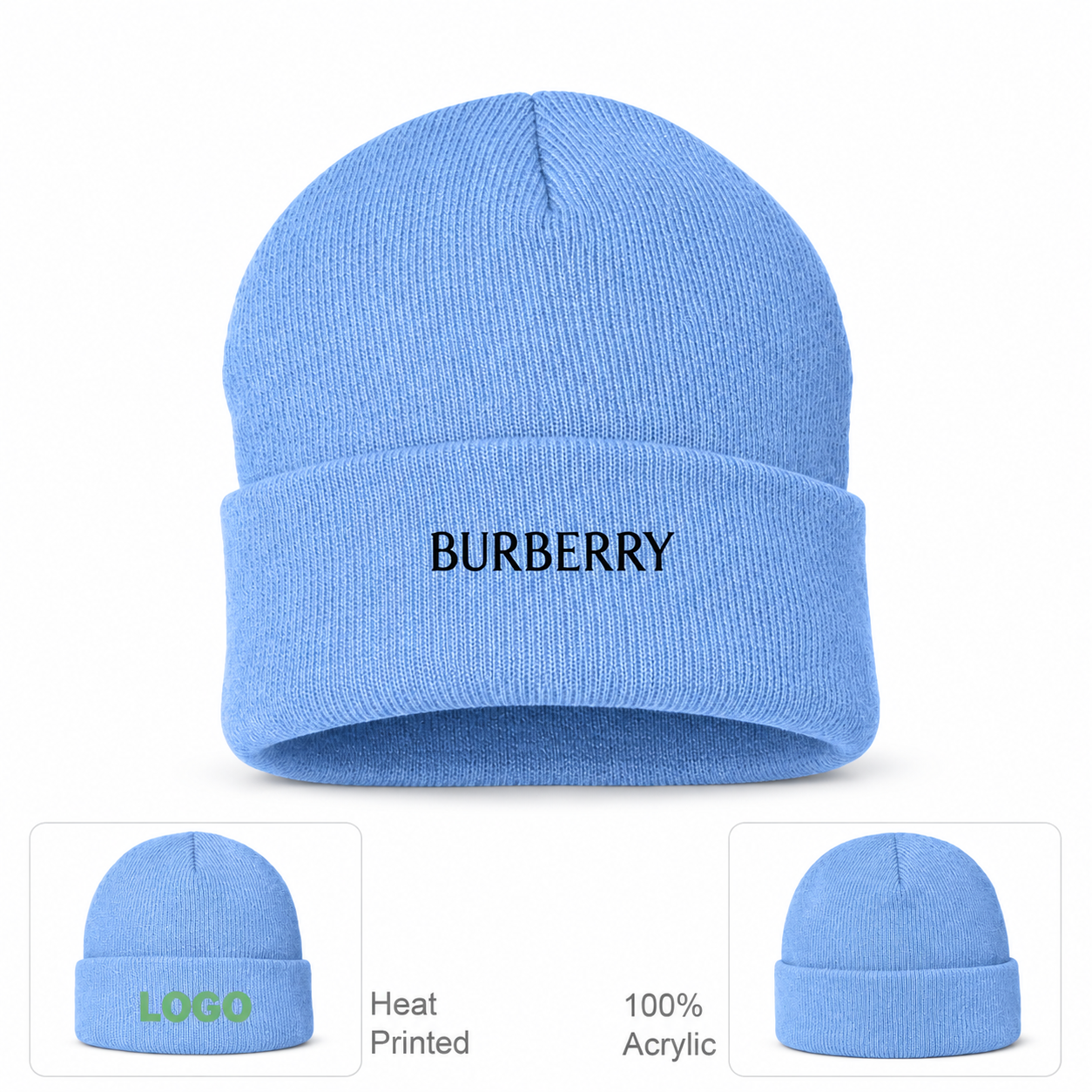 Burberry beanie in Sky Blue, main front view with product information