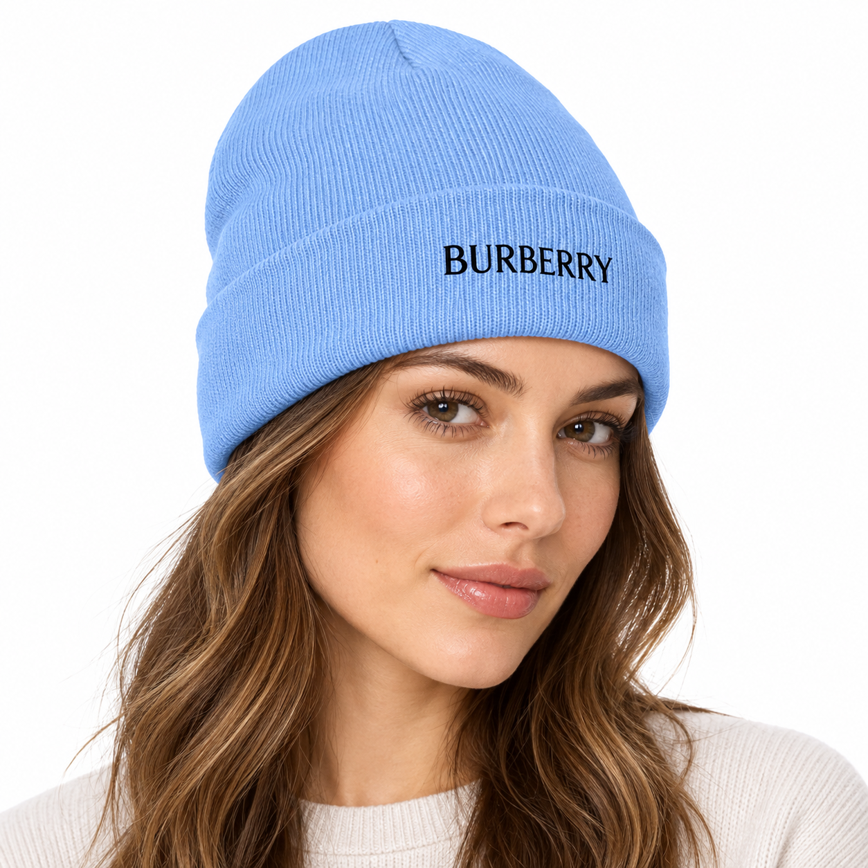 Burberry beanie in Sky Blue, model view