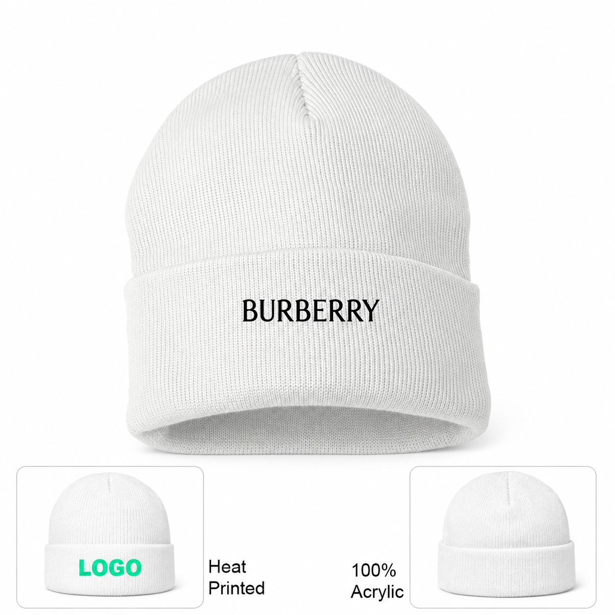 Burberry beanie in White, main front view with product information