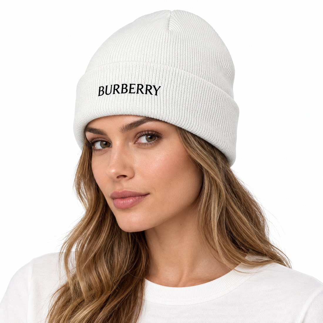 Burberry beanie in White, model view