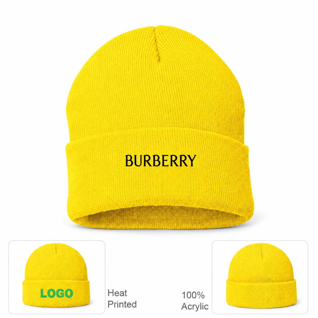 Burberry beanie in Yellow, main front view with product information