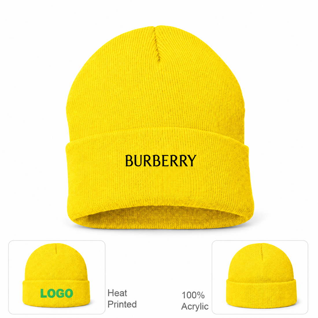 Burberry beanie in Yellow, main front view with product information