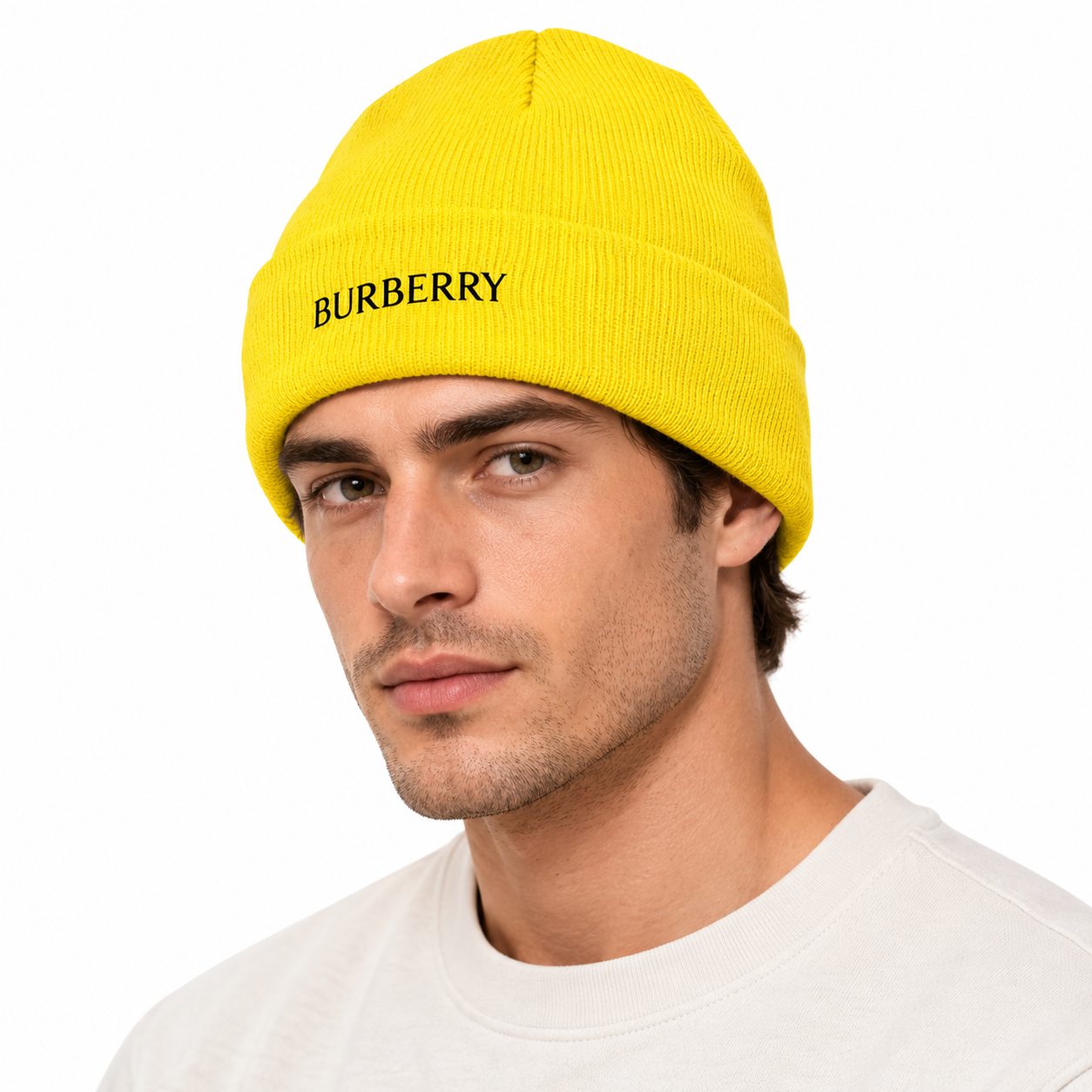 Burberry beanie in Yellow, model view