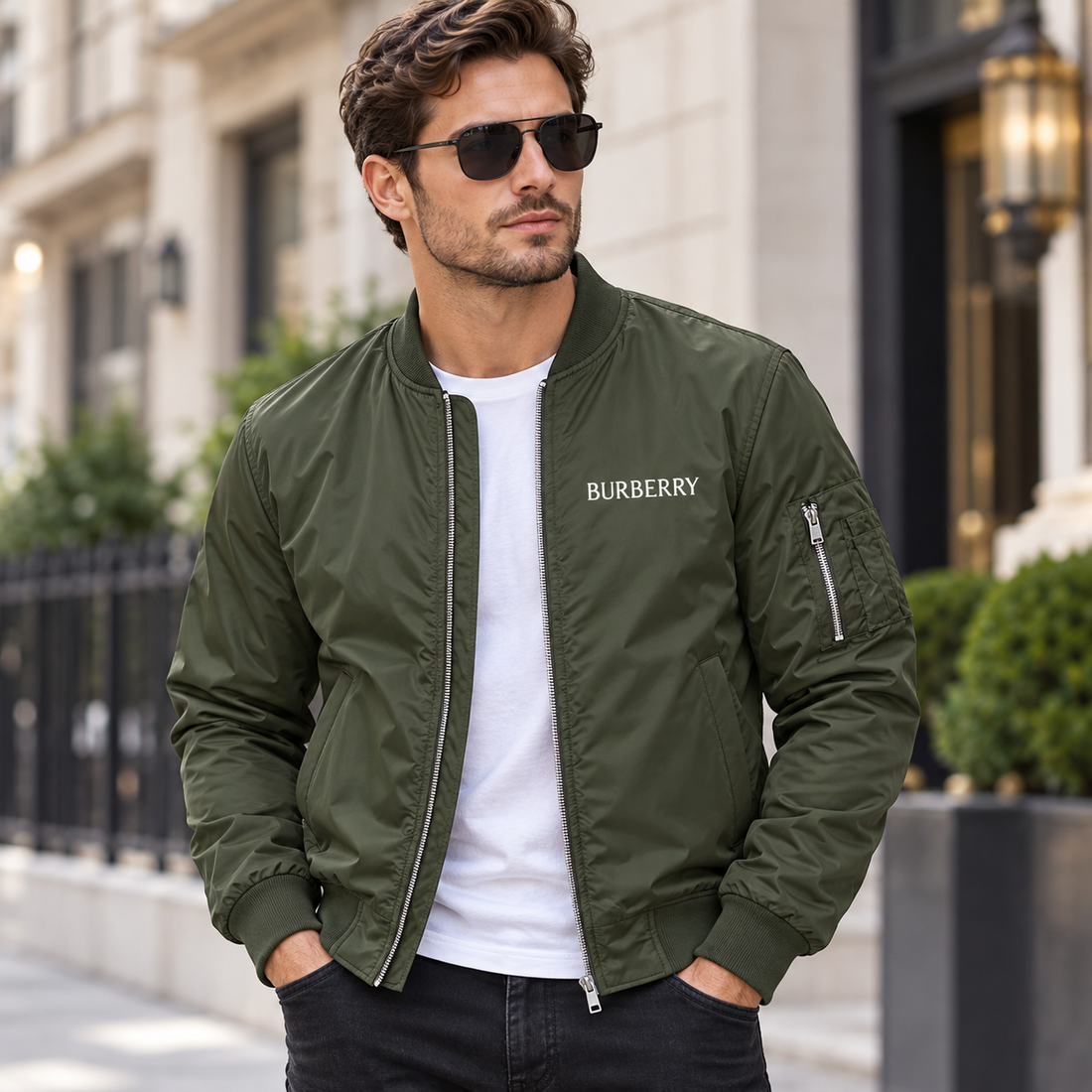 Men's Burberry Lightweight Bomber Jacket Windbreaker Softshell Varsity Jacket Coat | Color: Army Green | Image 1