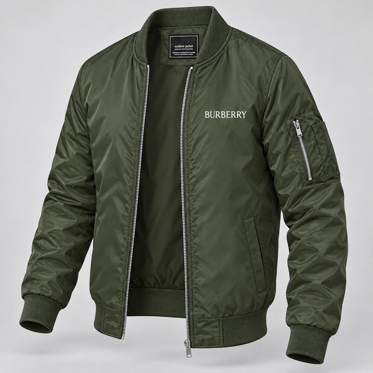 Men's Burberry Lightweight Bomber Jacket Windbreaker Softshell Varsity Jacket Coat | Color: Army Green | Image 3