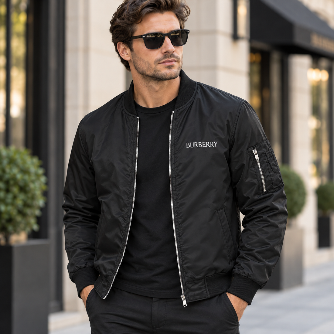 Men's Burberry Lightweight Bomber Jacket Windbreaker Softshell Varsity Jacket Coat | Color: Black | Image 1