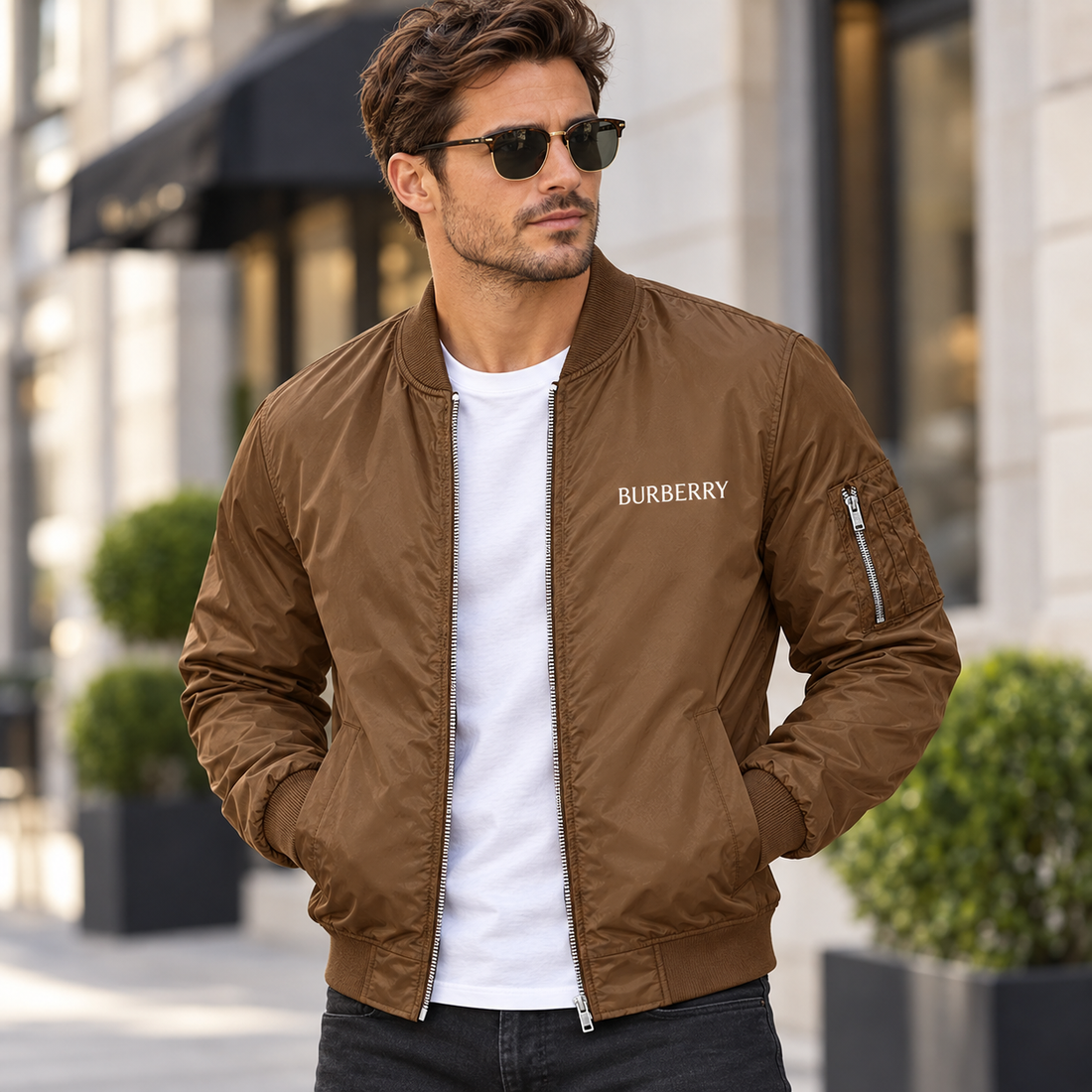 Men's Burberry Lightweight Bomber Jacket Windbreaker Softshell Varsity Jacket Coat | Color: Brown | Image 1