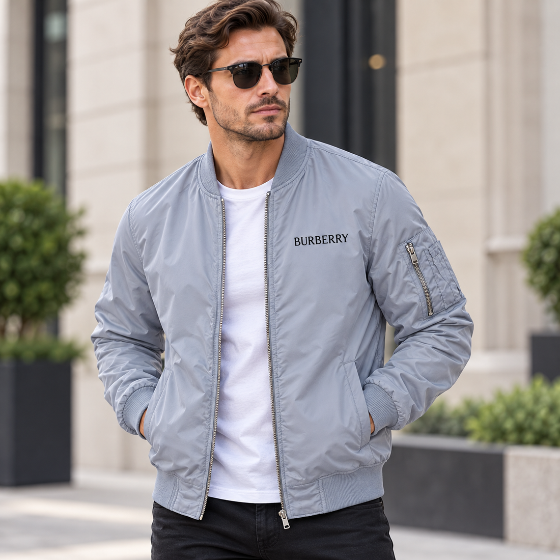 Men's Burberry Lightweight Bomber Jacket Windbreaker Softshell Varsity Jacket Coat | Color: Grey | Image 1