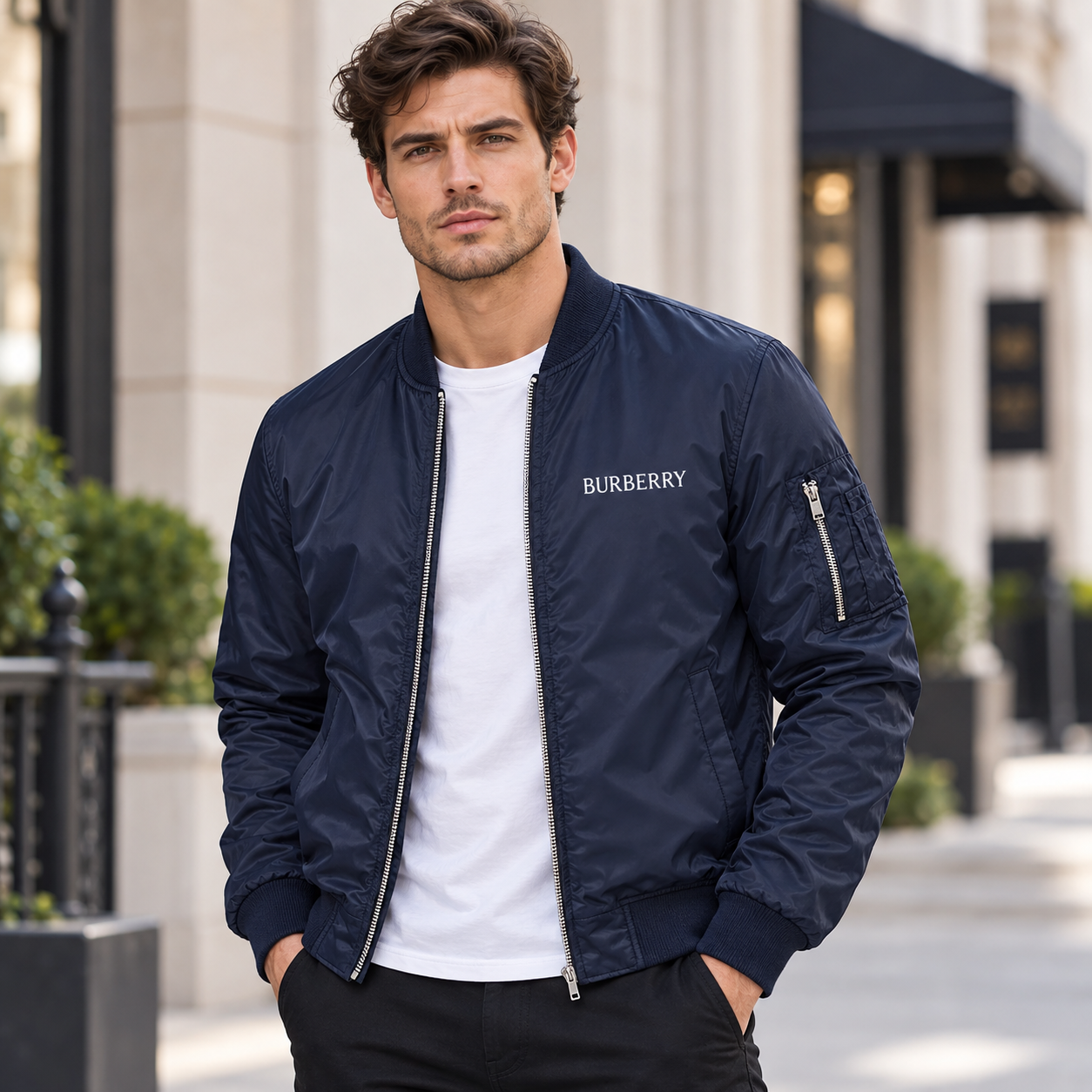 Men's Burberry Lightweight Bomber Jacket Windbreaker Softshell Varsity Jacket Coat | Color: Navy | Image 1