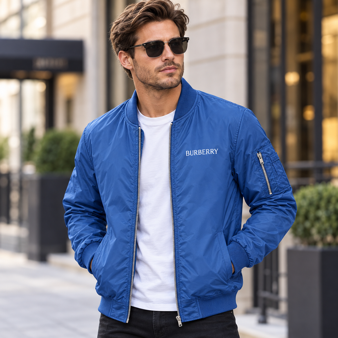 Men's Burberry Lightweight Bomber Jacket Windbreaker Softshell Varsity Jacket Coat | Color: Royal Blue | Image 1