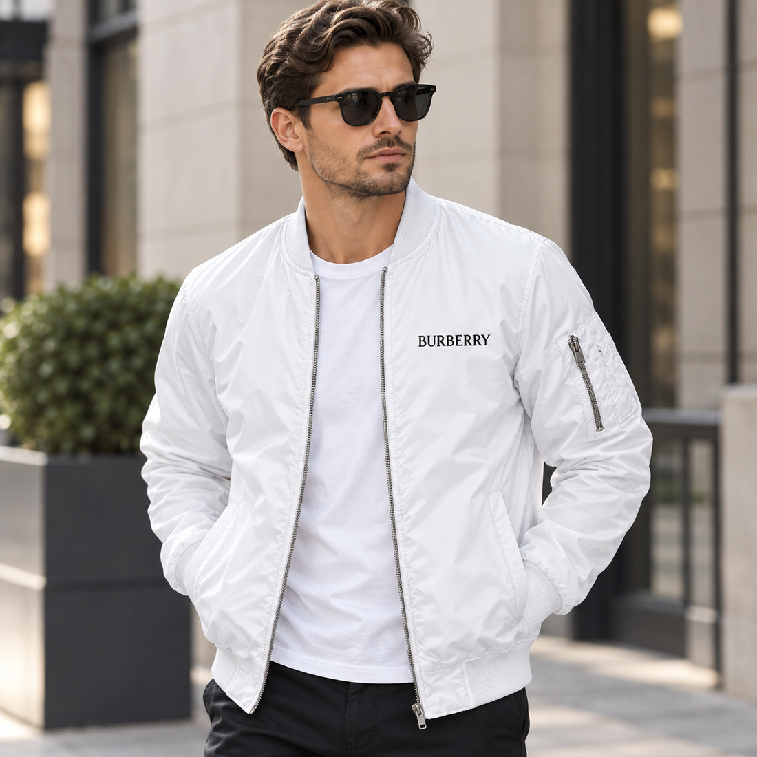 Men's Burberry Lightweight Bomber Jacket Windbreaker Softshell Varsity Jacket Coat | Color: White | Image 1