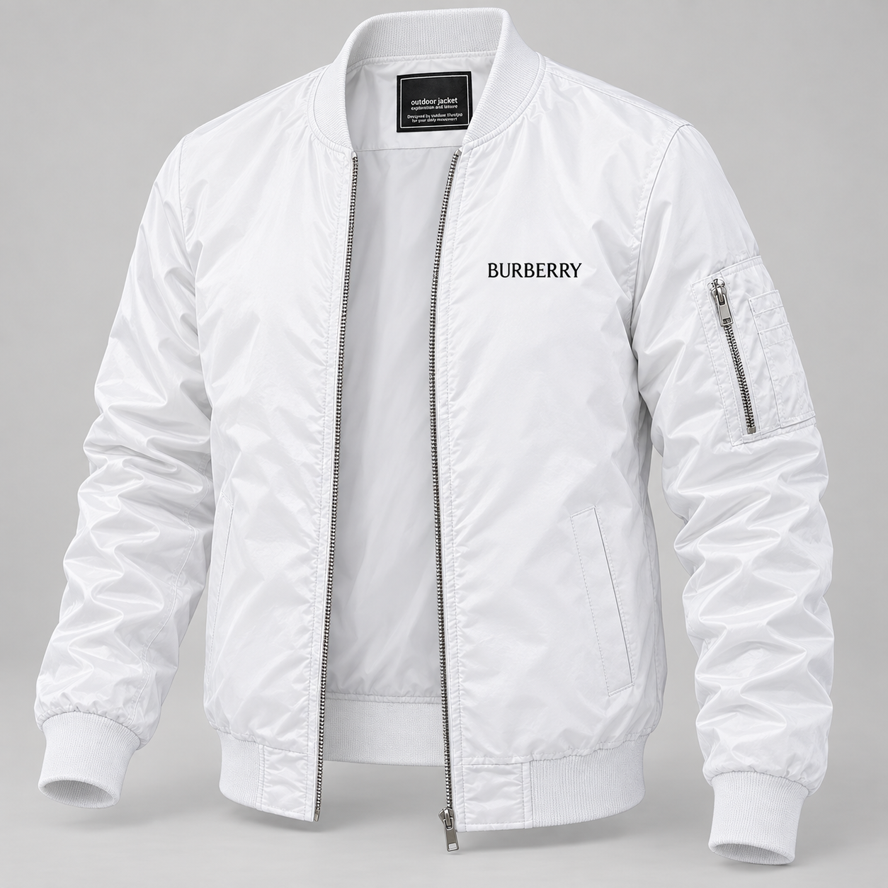Men's Burberry Lightweight Bomber Jacket Windbreaker Softshell Varsity Jacket Coat | Color: White | Image 3