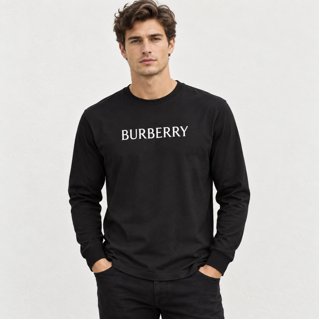 Men's Burberry Cotton Long Sleeve T-Shirt - Black - lifestyle