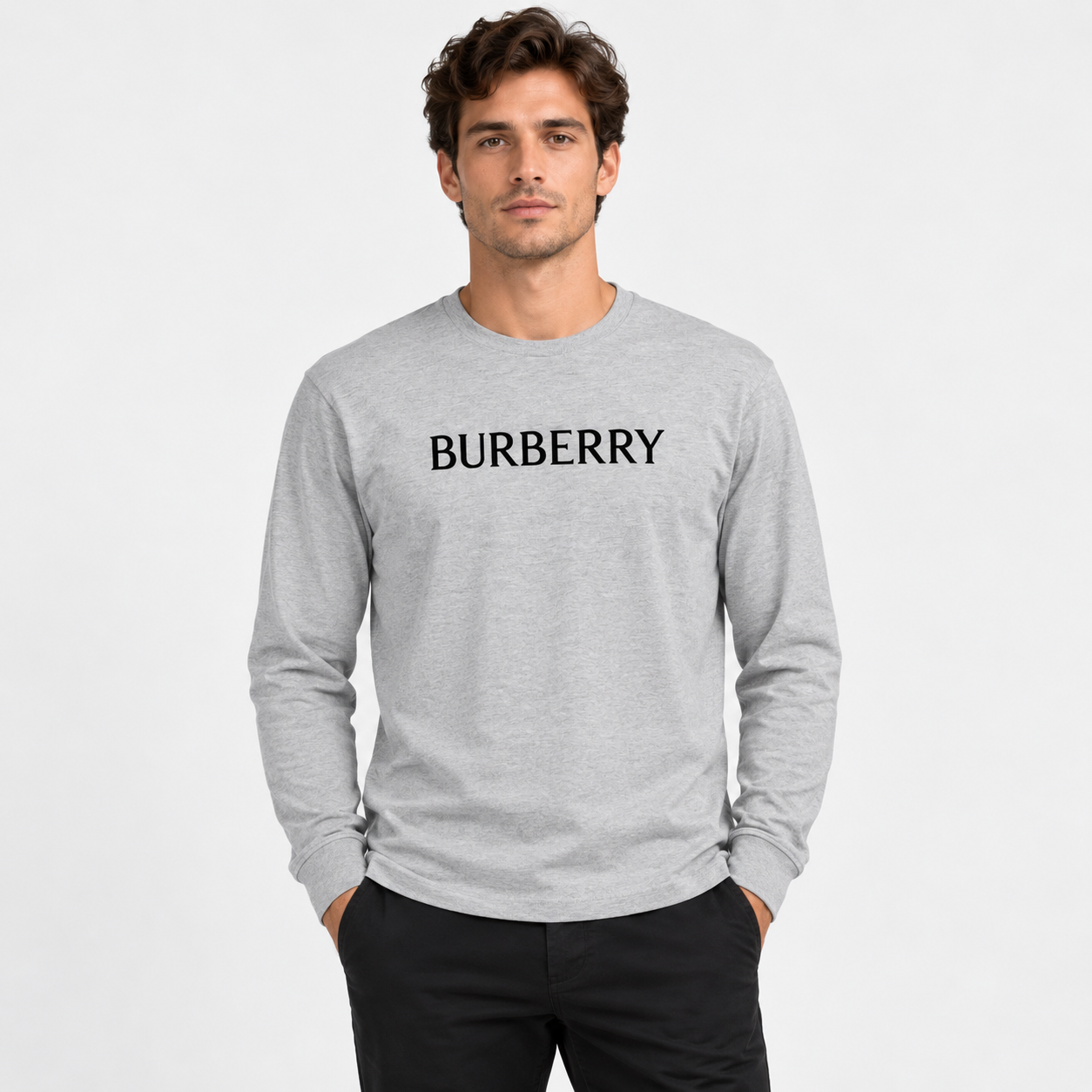 Men's Burberry Cotton Long Sleeve T-Shirt - Grey - lifestyle