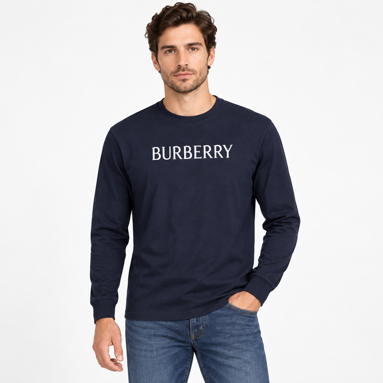 Men's Burberry Cotton Long Sleeve T-Shirt - Navy - lifestyle