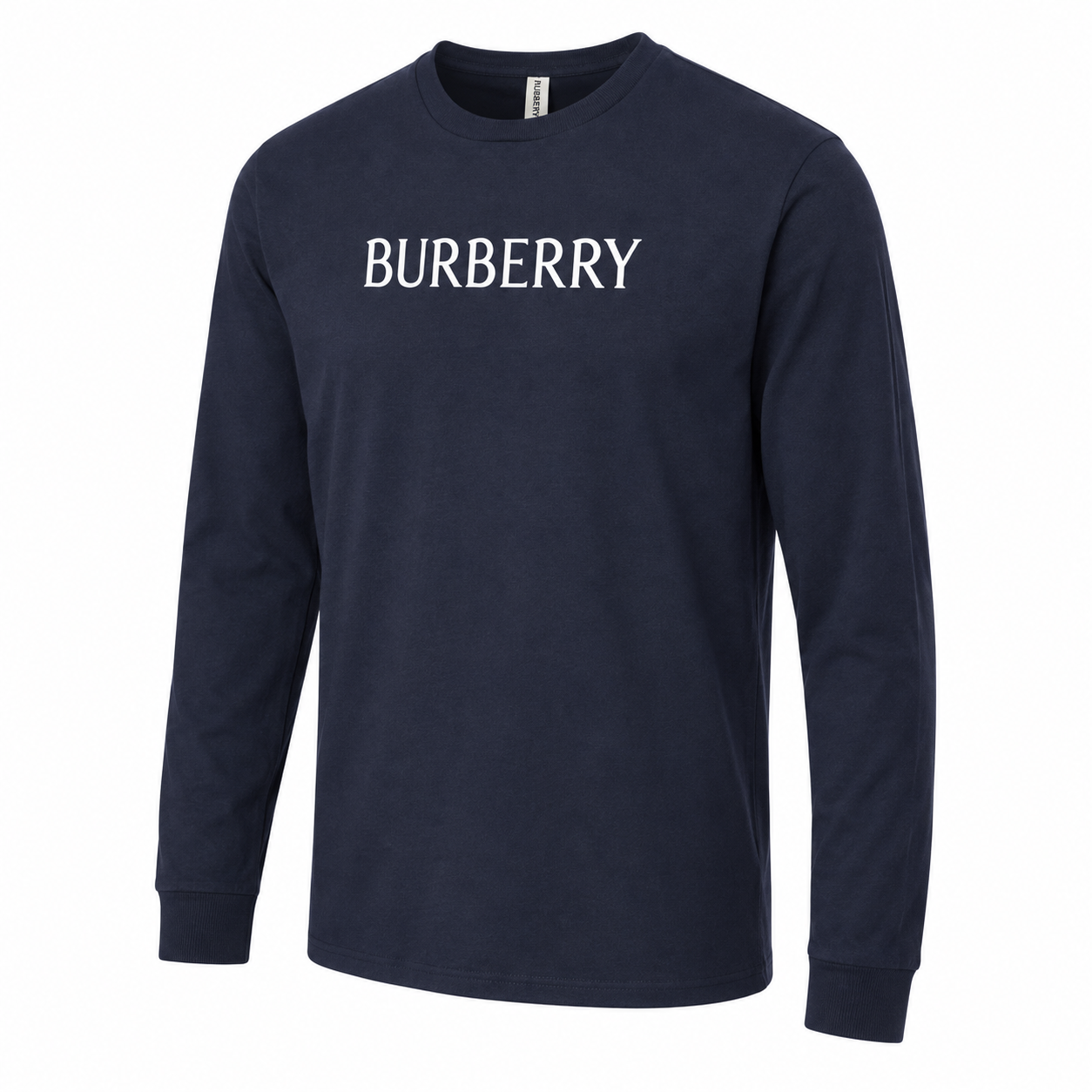 Men's Burberry Cotton Long Sleeve T-Shirt - Navy - three-quarter