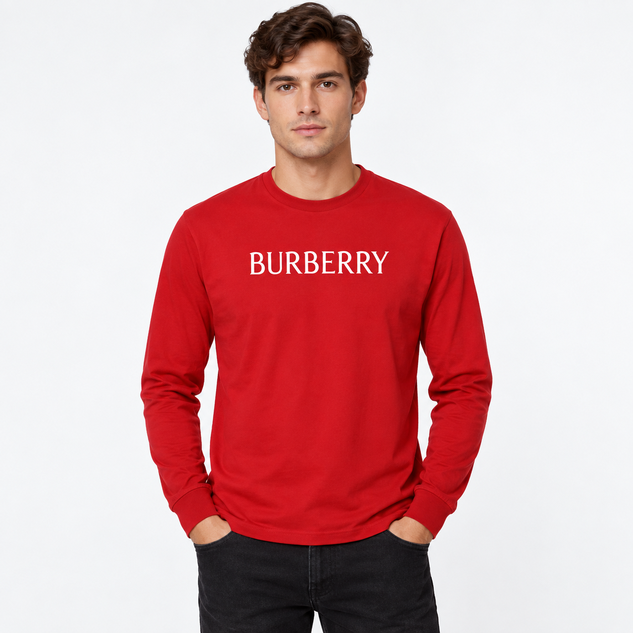 Men's Burberry Cotton Long Sleeve T-Shirt - Red - lifestyle