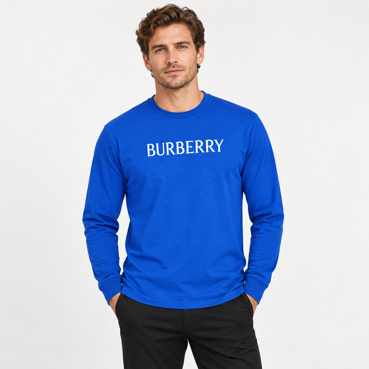 Men's Burberry Cotton Long Sleeve T-Shirt - Royal Blue - lifestyle
