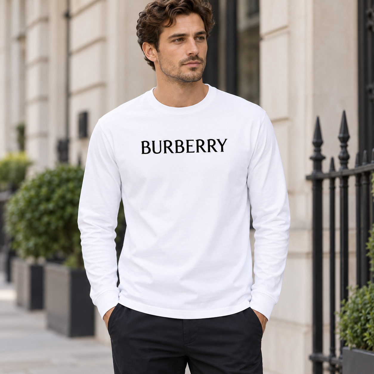 Men's Burberry Cotton Long Sleeve T-Shirt - White - lifestyle