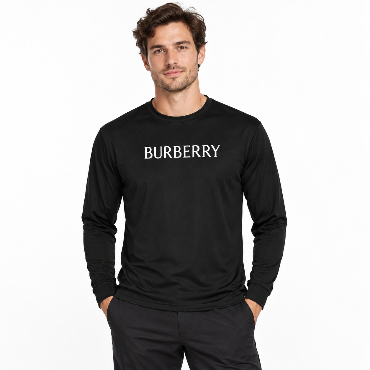 Men's Burberry Polyester Long Sleeve T-Shirt in Black — lifestyle view